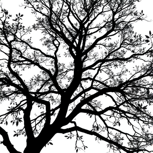 Create a high-resolution black silhouette of a tree with intricate branches and leaves against a white background, using a DSLR camera with a 50mm lens, aperture set at f/8, ISO 100, shot from eye level with a slight vignette effect for emphasis.