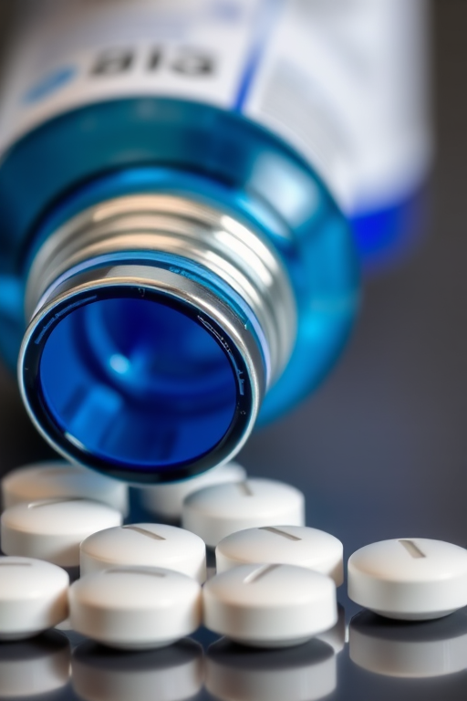 A close-up image of a blue and silver medication bottle with white tablets beside it, captured with a DSLR camera at f/2.8 aperture, ISO 100, 50mm lens, in natural daylight for enhanced clarity and detail.