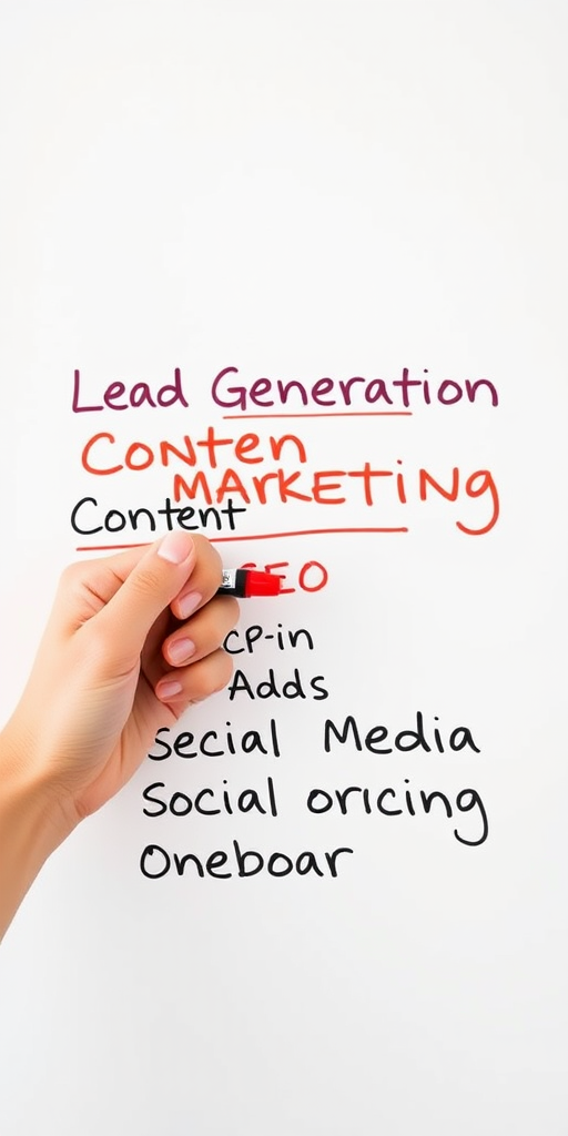 Create a high-resolution image of a hand writing with a red marker on a whiteboard, displaying the phrases "Digital Marketing," "Lead Generation," "Content Marketing," "Opt-in Email," "SEO," "CRM," "Search Ads," "Social Media," and "Onboarding," shot with a DSLR camera at f/2.8 aperture, 35mm focal length, ISO 100, with soft natural lighting and a slight overhead angle.