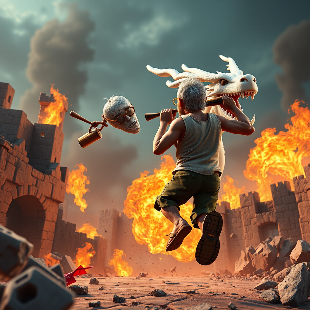 Cartoon 3D High-Resolution,dynamic battle scene using Unreal Engine 5 and Octane Render. The scene features back of an elderly, thai man with a beard,messy hair and round golden-rimmed glasses. He is wearing a tattered tank top with soot marks, shorts, and sandals. sweating. he wields a baseball bat. He jump to fight with a white fire-breathing Europe dragon amidst a partially destroyed stone castle. Include intense flames, smoke, and debris to enhance the dramatic effect.