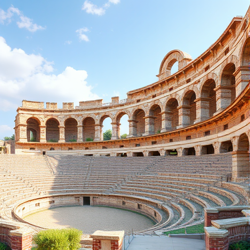 Create a high-resolution digital illustration of an ancient amphitheater with detailed textures, vibrant colors, and a well-defined foreground, using a DSLR camera with a 50mm lens, aperture set to f/8 for depth of field, ISO 100 for clarity, and a wide-angle view to capture the entire structure.
