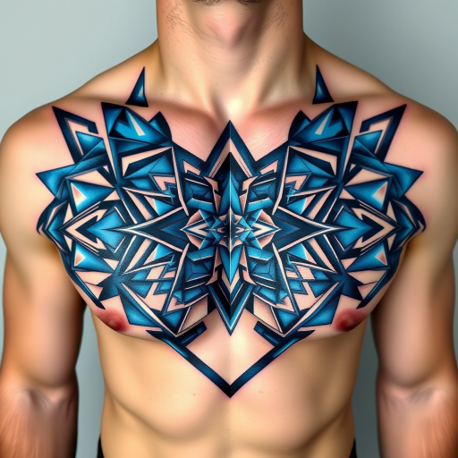 Mesmerizing geometric tattoo covering the chest and shoulders composed of interlocking shapes in shades of electric blue and metallic silver creating an optical illusion effect with precise symmetry