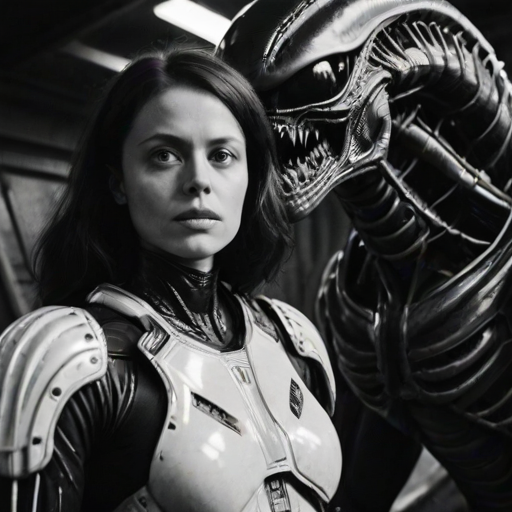 analog film photo dutch angle, close shot,  1girl and 1xenomorph,  spacesuit, industrial background, sci-fi, serious expression, detailed, high contrast, looking at viewer, realistic, futuristic, spaceship interior, intricate machinery, standing pose, resilient, black and white, dramatic lighting, horror, suspense, alien creature, looming, tense atmosphere