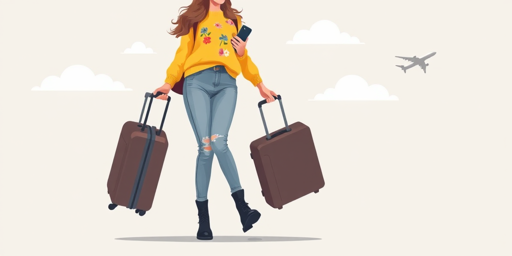 Create an illustration of a woman walking with a suitcase and holding a phone, wearing a bright yellow sweater with floral patterns, casual jeans, and black boots, set against a light grey background with clouds and an airplane in the distance, in a vector art style, using a digital camera with a 50mm lens, aperture f/2.8, ISO 100, and a soft focus effect for a clean look.