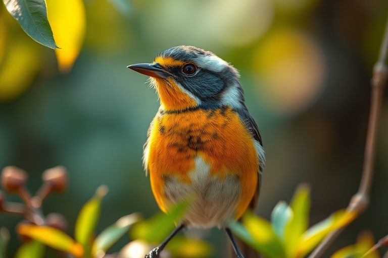 Create a highly detailed and vibrant illustration of a bird in a natural setting, using a Canon EOS R5 camera with a 100mm macro lens, aperture set to f/2.8, ISO 100, and a soft natural light ambiance to enhance image quality and texture.