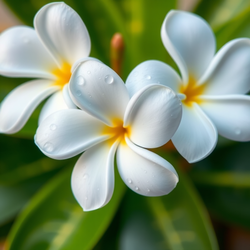 Close-up of three white plumeria flowers with droplets of water on petals, soft-focus background of green leaves, captured with a DSLR camera, 50mm lens, f/2.8 aperture, ISO 100, natural lighting.