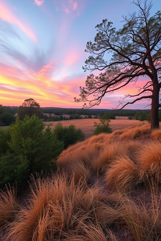 Create a high-resolution image of a serene landscape at sunrise with soft pastel colors in the sky, using a Canon EOS R5 camera, 24mm lens, aperture f/8, shutter speed 1/60s, ISO 100, wide-angle view, and soft focus to enhance detail and depth.