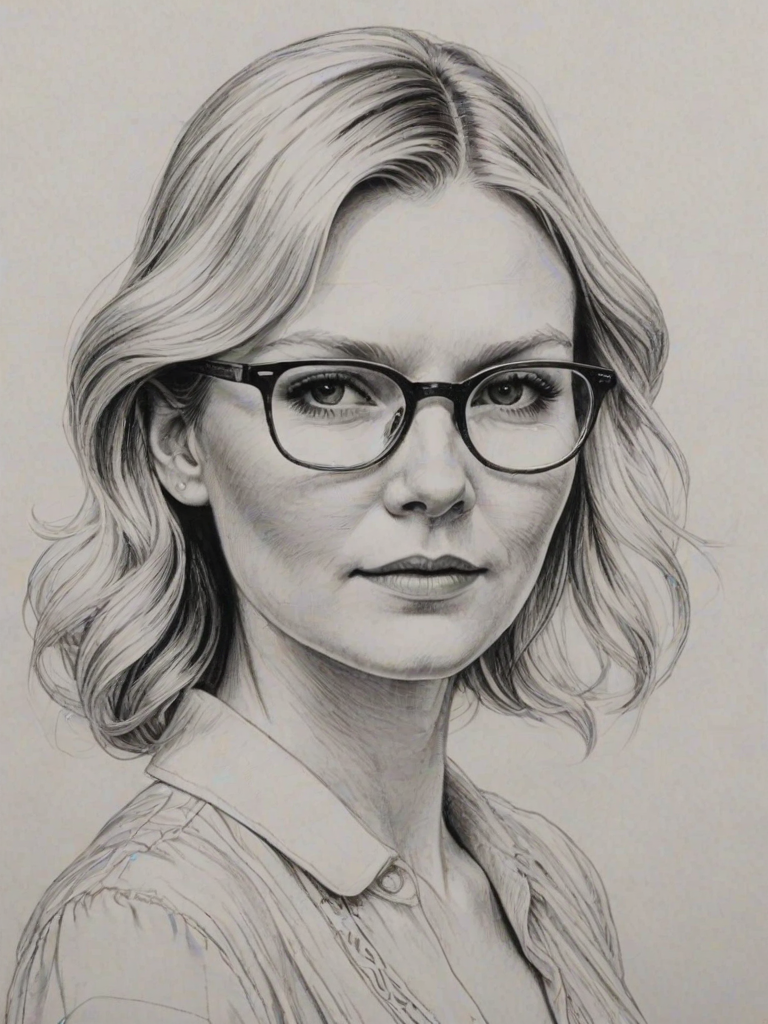 Elegant Kirsten Dunst, pencil sketch, portrait of Superb woman 1949s in glasses, hair style beatnik, outline, clear lines, fine lines, 8k