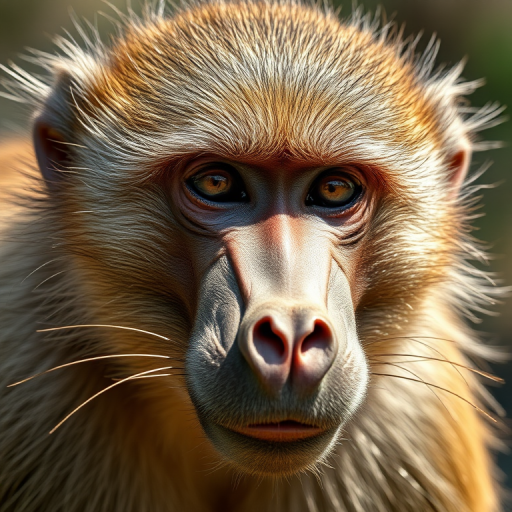 Close-up of a baboon with a detailed focus on facial features, natural lighting, aperture f/2.8, ISO 200, 50mm lens, shallow depth of field, DSLR camera, portrait orientation.