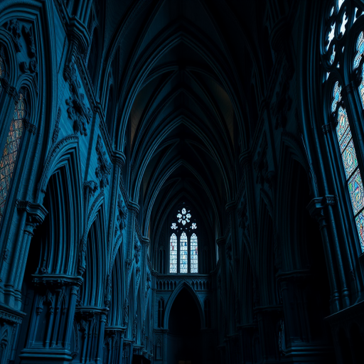 A dark, intricate Gothic architectural interior with detailed stone carvings and a blue color palette, captured using a Canon EOS R5 with a 24mm f/1.4 lens at ISO 100, aperture f/8, shutter speed 1/60 seconds, in a wide-angle perspective to emphasize depth and texture.