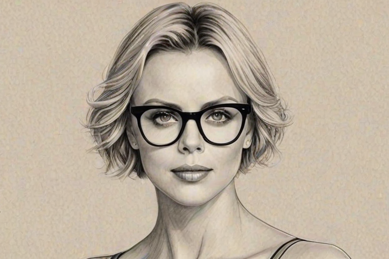 Delightful Charlize Theron, pencil sketch, portrait of Beauteous woman 1928s in glasses, hair style beatnik, outline, clear lines, fine lines, 8k