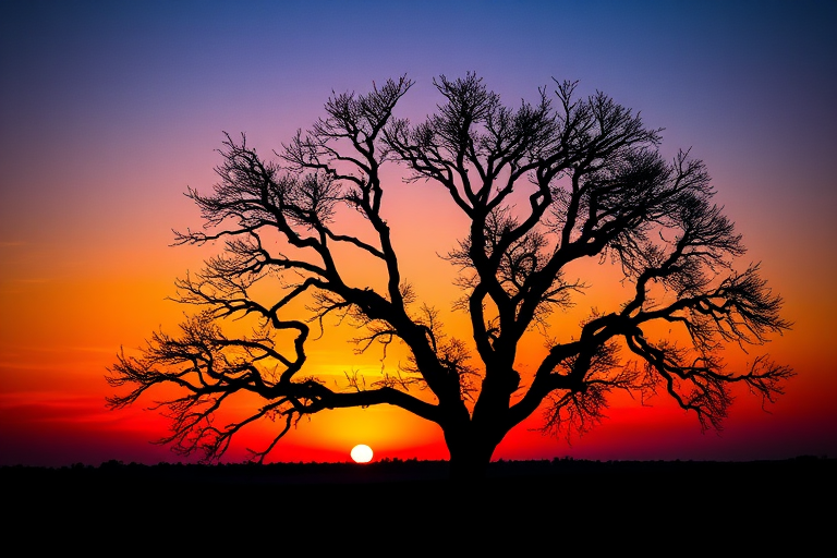 Generate a high-contrast black silhouette of a tree against a vibrant sunset background, with a Canon EOS R5 camera, ISO 100, f/8 aperture, 1/200 sec shutter speed, shot from a low-angle perspective for a dramatic effect.