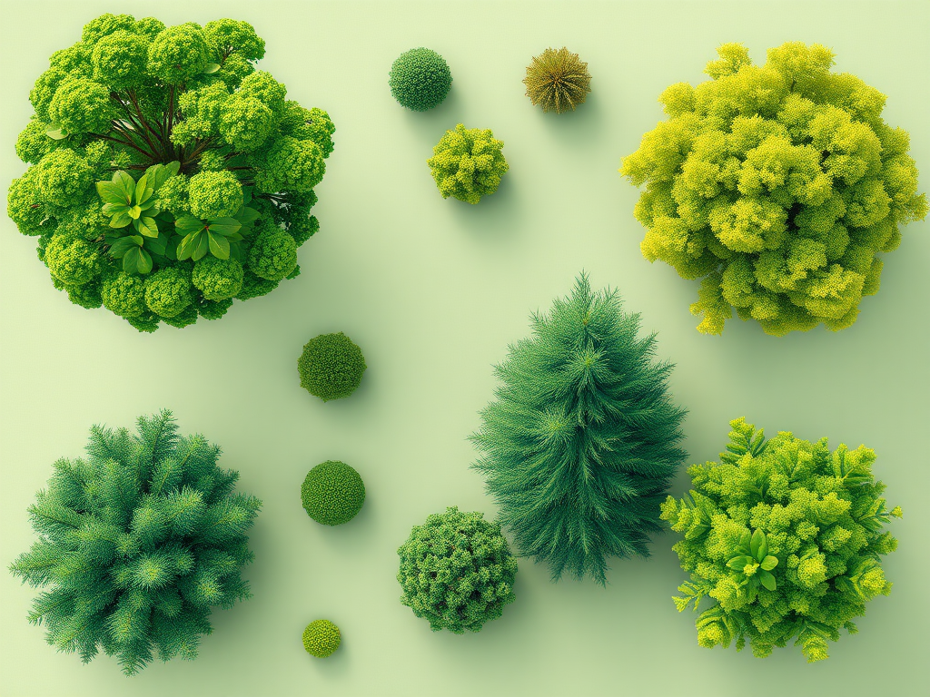 Generate a detailed vector illustration of various tree types including a broadleaf tree, conifer, and a small shrub, with a bright green color palette, focusing on realistic textures and shapes; camera settings: f/8 aperture, ISO 100, 1/200 sec shutter speed; camera view: overhead view; camera style: high-definition; camera type: DSLR.