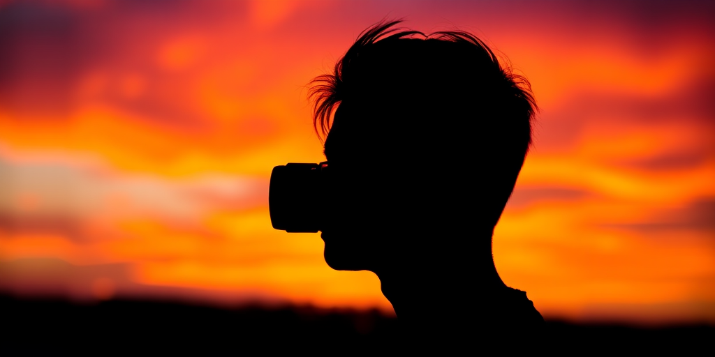 Capture a high-resolution image of a person silhouetted against a vibrant sunset sky, using a DSLR camera with a 50mm lens, aperture set to f/2.8, ISO 200, at a 1/125 second shutter speed, in portrait orientation, with soft focus and high dynamic range processing to enhance colors.