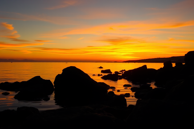sunset over calm water with silhouetted rocks in the foreground, vibrant orange and yellow hues in the sky, taken with a DSLR camera at f/8, ISO 100, 1/200 sec, using a wide-angle lens from a low angle perspective to capture the reflection on the water.