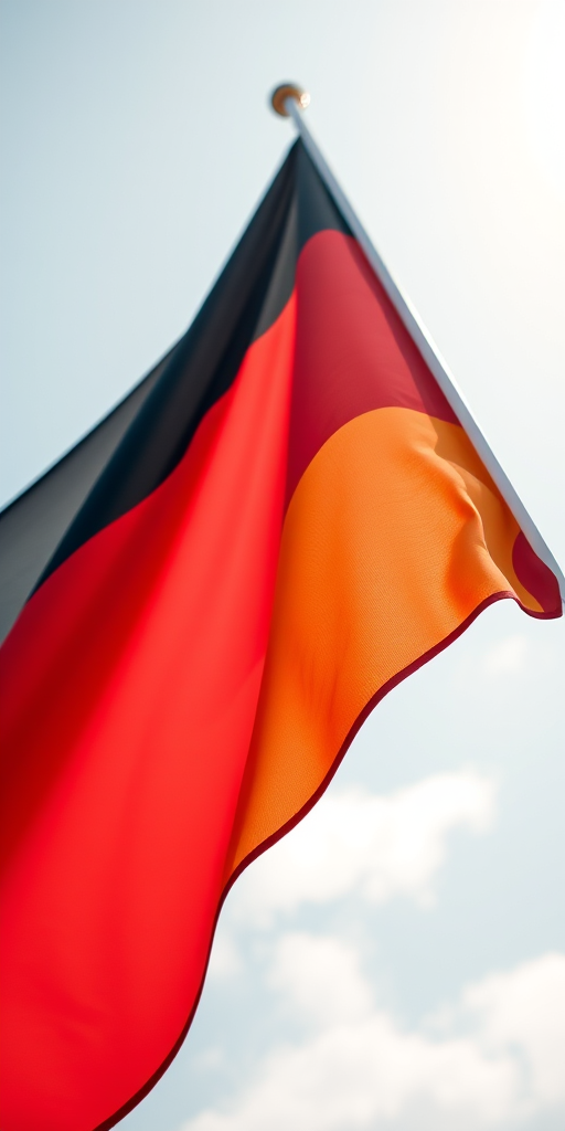 Create a high-resolution image of the German flag with a realistic texture, using a DSLR camera with a 50mm lens, aperture set to f/2.8, ISO 100, and a slight motion blur to convey waving motion, captured from a low angle to emphasize the flag's details against a bright sky.