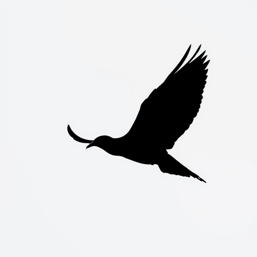 Generate a high-resolution image of a sleek, modern black silhouette of a bird in flight against a minimalist background, captured with a Canon EOS R5 at f/2.8, ISO 100, 1/500s, in a portrait orientation to emphasize the curves and dynamics of the bird.