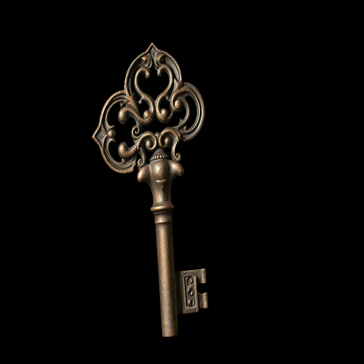 Create an artistic illustration of an antique key, emphasizing intricate details and a vintage style, using a Canon EOS R5 with an aperture of f/2.8, a shutter speed of 1/60s, a focal length of 50mm, in a top-down view on a black background.