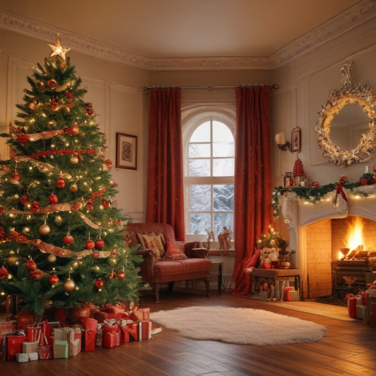 Cozy Christmas Living Room with a Beautifully Decorated Tree and Gifts