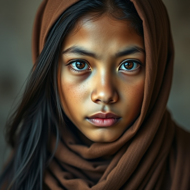Create a portrait of a young Cambodian male with long, dark hair and captivating hazel eyes. She is wearing a brown headscarf and a matching scarf draped gracefully around her neck. The background is softly blurred, focusing attention on her serene and natural expression. The overall color palette is muted and warm, enhancing the intimate and authentic feel of the portrait.