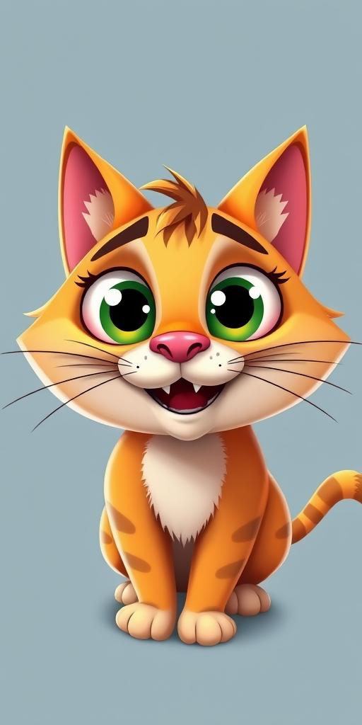 Create a vibrant illustration of a cartoon cat character with exaggerated features, showcasing big expressive eyes and a playful smile, use a 50mm lens, f/2.8 aperture, ISO 100, soft studio lighting, and a high-resolution digital camera for clarity and detail.