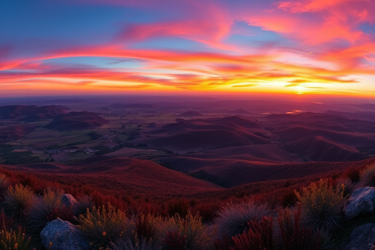 high-resolution image of a landscape at sunset with vibrant colors, f/8 aperture, ISO 100, 1/125 sec shutter speed, 24mm wide-angle lens, DSLR camera, panoramic view for enhanced depth and clarity
