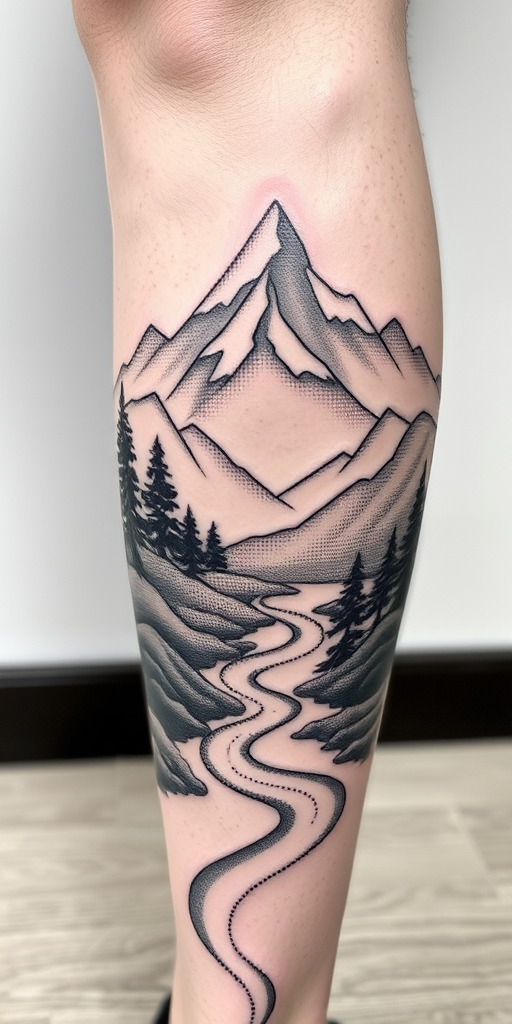 Serene dotwork landscape tattoo adorning the calf, depicting a mountainous scene with trees and a flowing river, utilizing thousands of tiny dots to create depth and texture in a monochromatic style