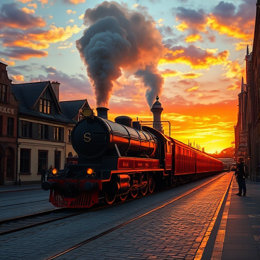 create a highly detailed digital painting of a vintage steam train chugging along a cobblestone street at sunset, with vibrant clouds, smoky steam billowing from the locomotive, shot with a DSLR camera at f/8 aperture, 50mm lens, and ISO 200 for enhanced sharpness and clarity.