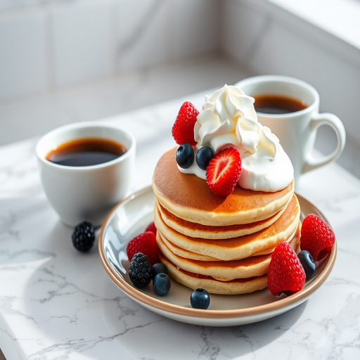 Capture a high-resolution image of a stack of pancakes topped with whipped cream and fresh berries, arranged on a plate beside a white cup of coffee, set on a marble countertop; use a DSLR camera with a 50mm f/1.8 lens, aperture set to f/4 for sharpness, ISO 200, shutter speed at 1/125s, in natural light for a bright and inviting look.