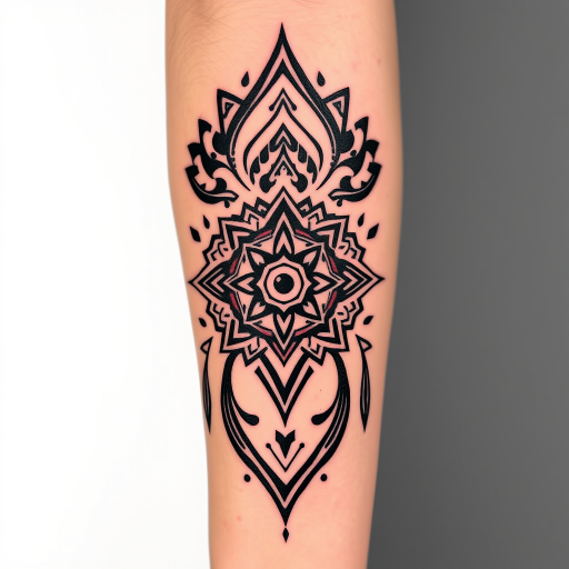 Tribal-inspired tattoo titled "Ancient Roots" incorporating bold geometric patterns and symmetrical designs inspired by various indigenous cultures around the world