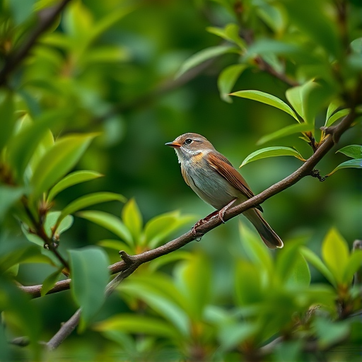 Capture a close-up image of a small bird perched on leafy branches in a lush green setting, using a DSLR camera with a 50mm lens, aperture set to f/2.8 for a shallow depth of field, ISO 100 for low noise, and a shutter speed of 1/500 sec for clear details, taken from a low angle view to emphasize the bird against the vibrant foliage.