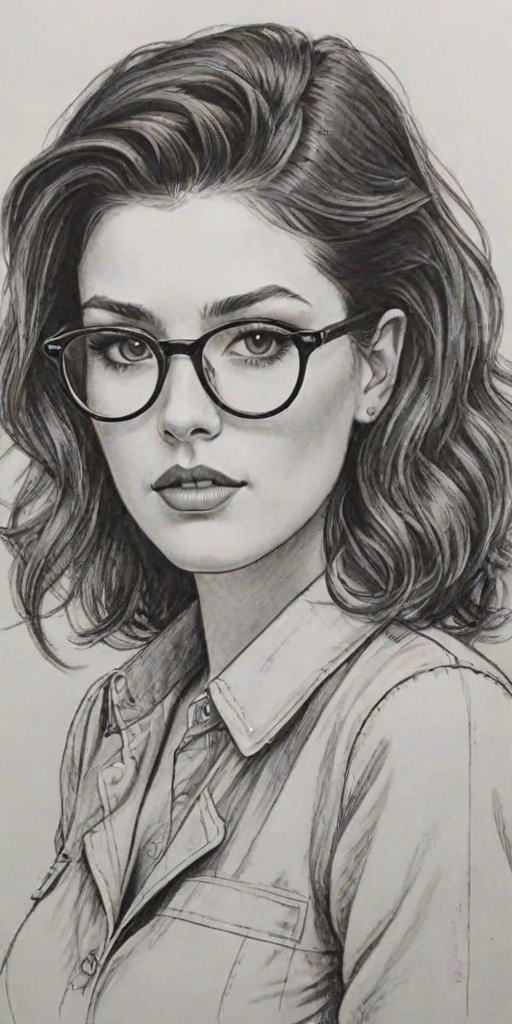 Attractive Shenae Grimes, pencil sketch, portrait of Appealing woman 1930s in glasses, hair style beatnik, outline, clear lines, fine lines, 8k