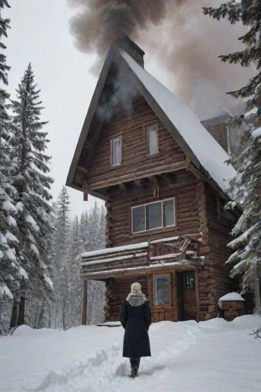 Snow-covered cabin in the woods, smoke rising from the chimney, as a woman steps outside, bundled in a coat, to admire the pristine winter landscape.