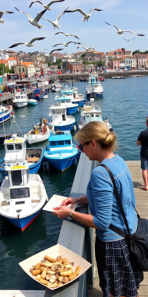 Bustling pier in a coastal town, fishing boats docked, seagulls flying overhead, a woman leans against a railing, eating fresh seafood from a paper tray while watching the harbor come alive with activity.