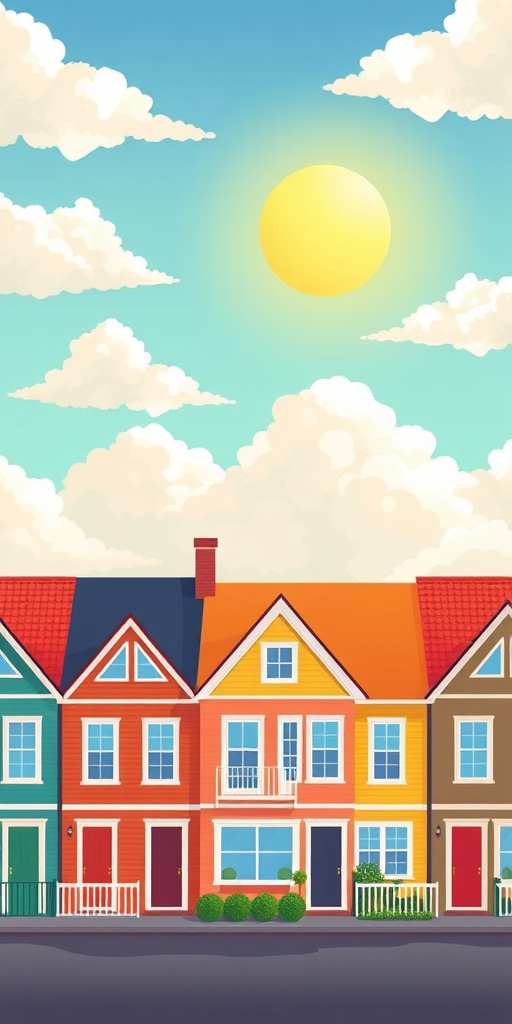 Create a vibrant and stylized illustration of colorful houses in a row under a bright sun and fluffy clouds, using a digital flat design style, shot with a digital camera at ISO 100, f/8 aperture, 35mm focal length, and a wide-angle perspective for enhanced clarity and detail.