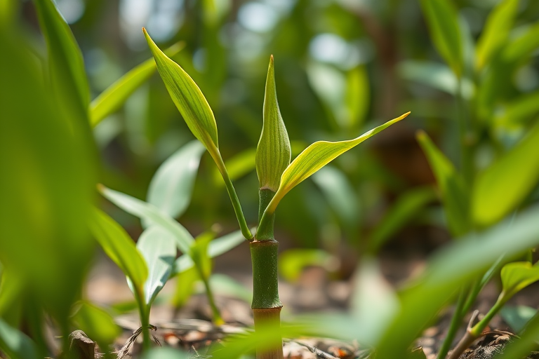 Capture a close-up of a bamboo shoot emerging from the ground surrounded by lush green leaves, using a DSLR camera at f/1.8 aperture, ISO 100, with a shallow depth of field to create a soft background blur, in natural daylight.