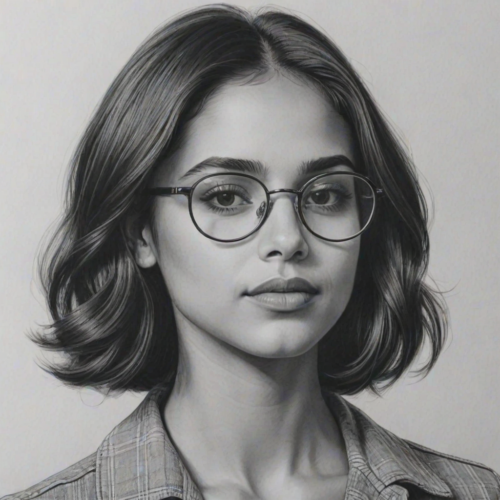 Enchanting Naomi Scott, pencil sketch, portrait of Gorgeous woman 1969s in glasses, hair style beatnik, outline, clear lines, fine lines, 8k