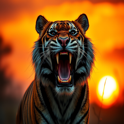 A roaring tiger in a vibrant sunset, captured with a Canon EOS R5, 85mm lens, f/1.8 aperture, ISO 100, at sunset, using a shallow depth of field for a dramatic effect and vivid colors.