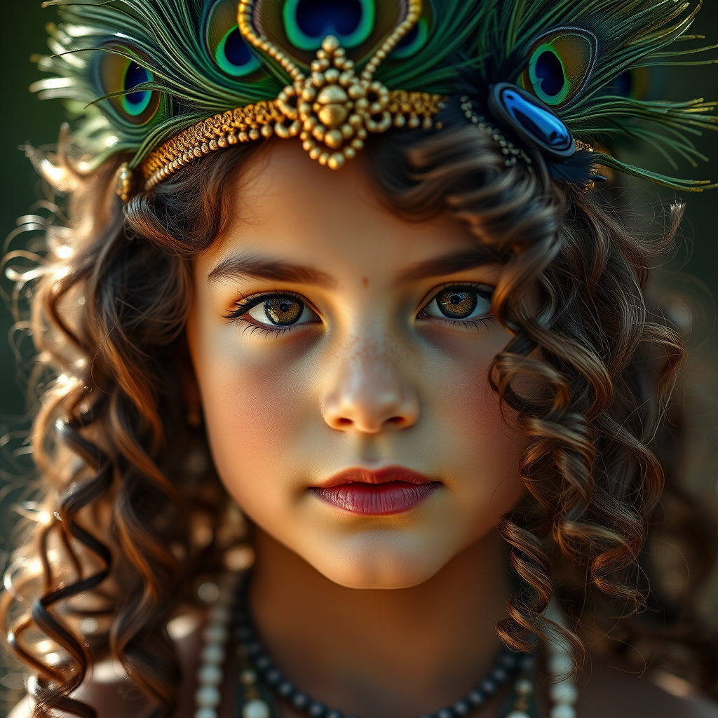 Create a highly detailed portrait of a young deity with curly hair and a peacock feather crown, using a 50mm lens at f/1.8, natural lighting for a soft glow, shot in portrait style with a DSLR camera for enhanced clarity and color vibrancy.