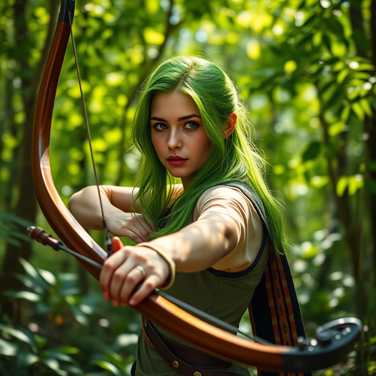 Create an image of a female archer with green hair and a bow in a lush, vibrant forest with beams of light filtering through the leaves, DSLR camera type, f/2.8 aperture, 50mm lens, ISO 100, natural lighting, focus on the archer, shallow depth of field.