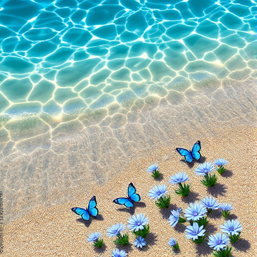 Create an image of a serene beach scene with clear turquoise water gently lapping at the shore. Scatter vibrant blue butterflies and delicate blue flowers along the water's edge, capturing a tranquil and picturesque atmosphere.