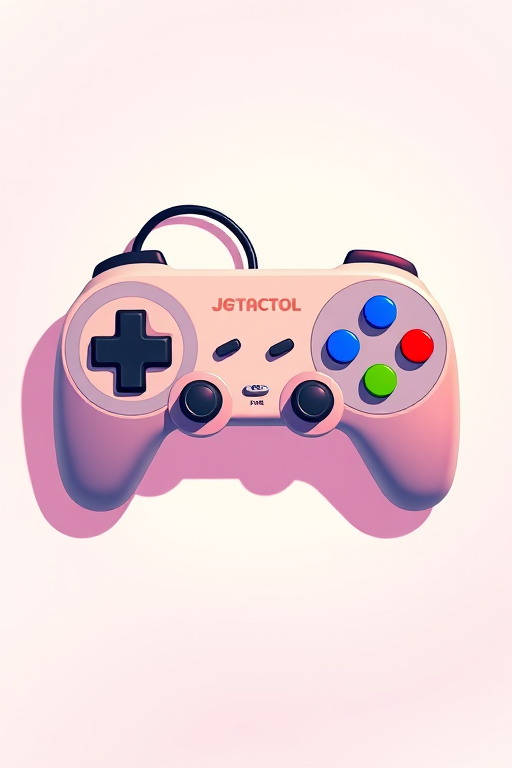 Create a high-resolution illustration of a retro video game controller with a clean design and vibrant colors, using a Canon EOS R5 camera, aperture f/2.8, ISO 100, 50mm lens, top-down view, with soft lighting and a subtle shadow for depth.