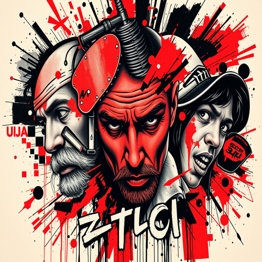Trash polka style tattoo titled "Urban Chaos" combining bold red and black elements with photorealistic portraits, abstract shapes, and typography in a dynamic composition