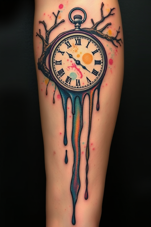Avant-garde tattoo blending surrealism and abstract elements, depicting a melting clock dripping down a tree branch, with bold color transitions, titled "Time's Fluidity"