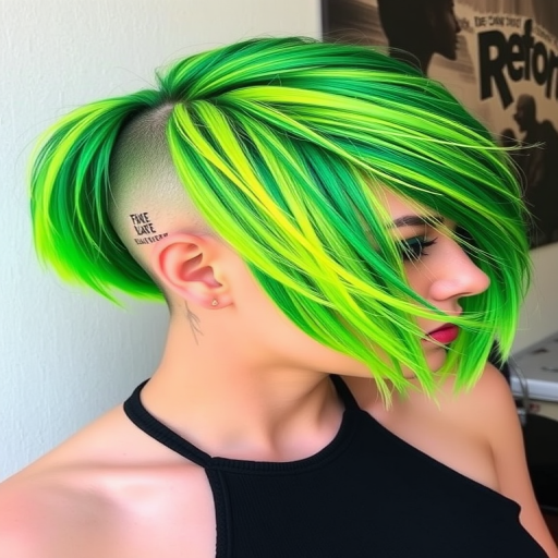 Edgy neon green asymmetrical bob with a shaved undercut design, featuring electric yellow highlights and styled in choppy textured layers