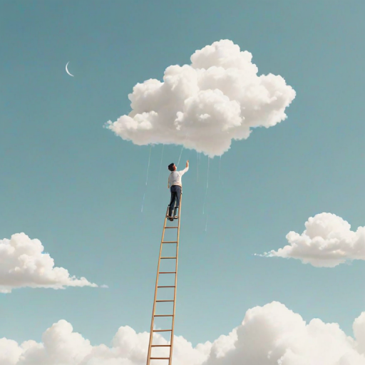 a person standing on a ladder reaching up to place a cloud in the sky, minimalist design, light color background, vector style illustration