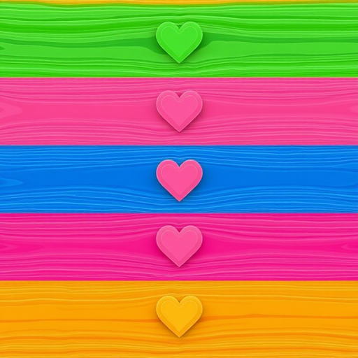 Create a digital illustration of five horizontal lines in varying colors (red, blue, green, pink, and orange) with heart shapes at the center of each line, using a high-resolution setting, 85mm lens, f/2.8 aperture, and natural light for enhanced clarity and contrast.