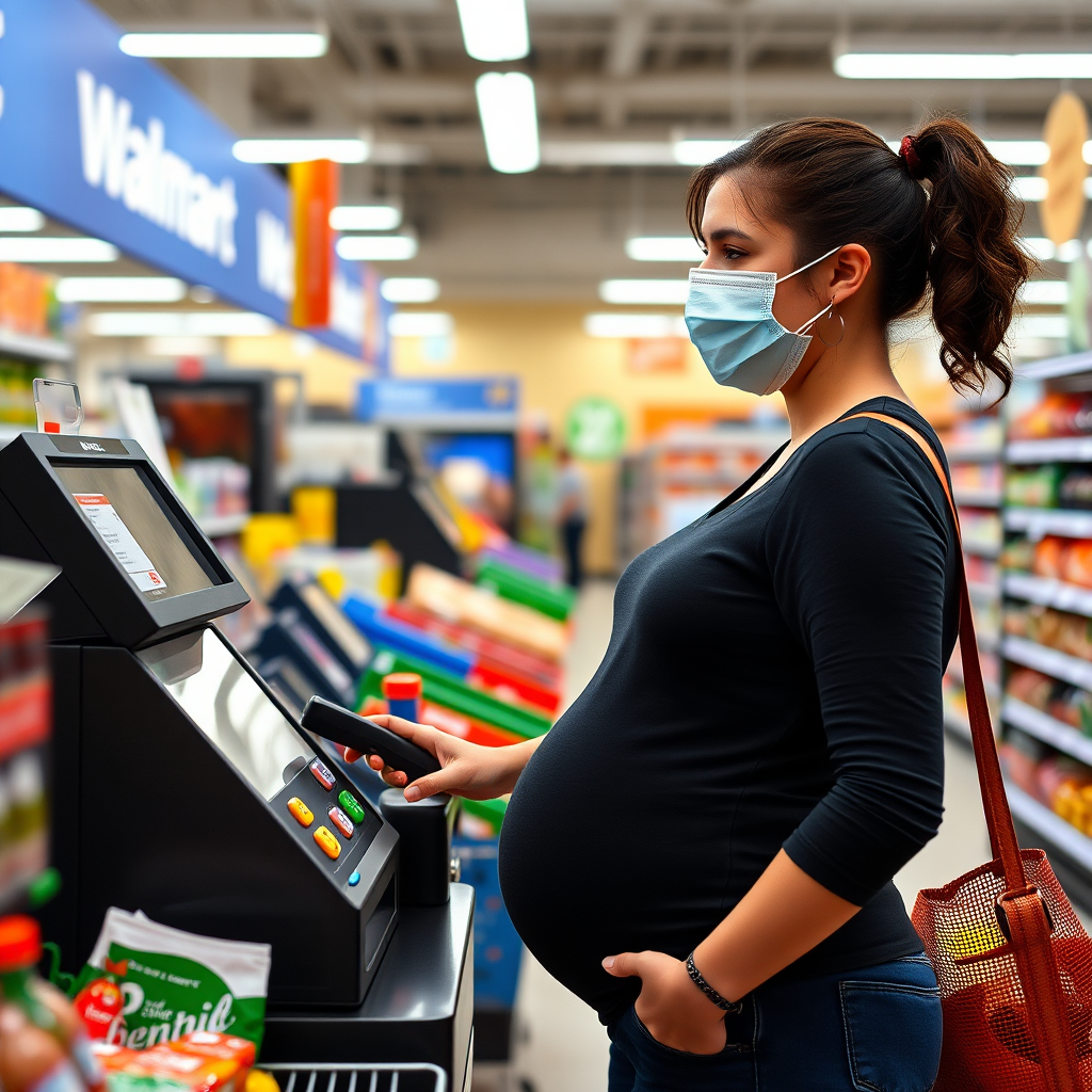 young pregnant woman as a walmart cashier ringing up someone's groceries she works there. shes wearing a surgical mask