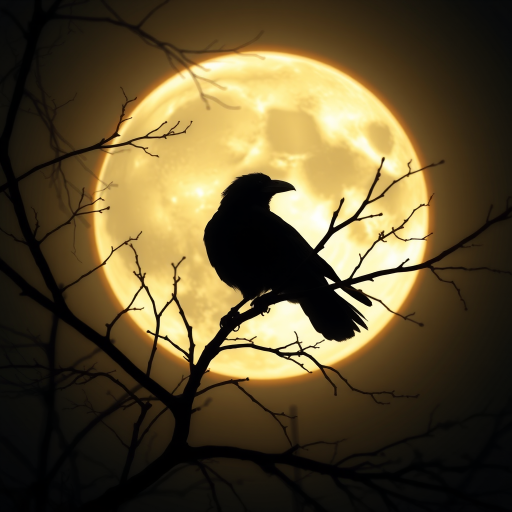 A fantastical photo featuring the silhouette of a crow perched on the branches of a tree, set against the backdrop of a large, luminous moon. Incorporate fantasy elements into the posture of the crow and the shape of the branches, depicting a mysterious scene illuminated by the moonlight on a tranquil night. Use warm tones to enhance the cozy atmosphere of this enchanting and elegant scene. insanely detailed, High contrast and low saturation.