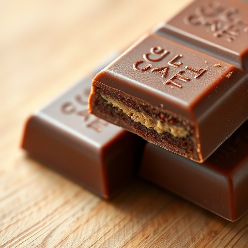 Create a high-resolution close-up image of two chocolate bars, showcasing the textured surface and cross-section, using a DSLR camera with a 50mm lens, f/2.8 aperture, ISO 100, and soft natural lighting to enhance details.
